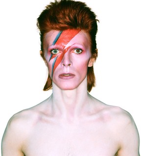 Photo from the "David Bowie Is" exhibition  at London’s Victoria and Albert Museum: Album cover shoot for Aladdin Sane (1973), design by Brian Duffy and Celia Philo, make up by Pierre La Roche.