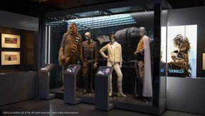 Chewbacca and Friends from the Star Wars Indentities exhibition at the Canada Aviation and Space Museum in Ottawa until September 2. From L to R) Chewbacca costume, Hans Solo costume worn by Harrison Ford, Princess Leia costume worn by Carrie Fisher and Lando Calrissian costume worn by Billy Dee Williams (Photo courtesy Lucasfilm Ltd. and X3 Productions)