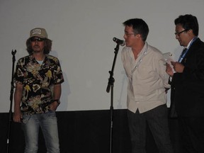 Japanes director Satoshi Miki, (left) Fantasia Film Festival programmer Nicolas Archambault (centre) and Fantasia's talented translator, after the screening of Miki's film It's Me, It's Me, Saturday, July 20, 2013 at the Imperial Cinema.