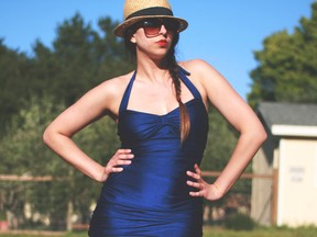 Heather Lewenza models a finished blue Bombshell Swimsuit (Photos courtesy of Heather Lewenza)