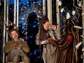Alain Goulem, left, as Bottom, Julie Tamiko Manning as Titania and Quincy Amorer as Oberon in Repercussion Theatre's production of A Midsummer Night's Dream.