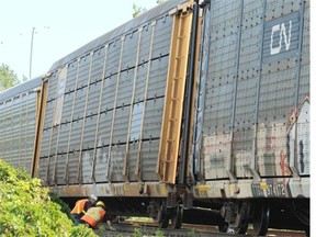 Workers look at rail cars that derailed.