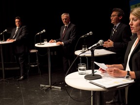 Mayoral candidates Denis Coderre, left, with Marcel Côté, Richard Bergeron and Mélanie Joly during the first Montreal mayoralty debate on Aug. 16. They all have a vision for the city, but will Montrealers be interested in sharing it? (Pierre Obendrauf / THE GAZETTE)