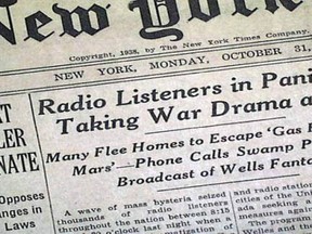 New York Times front page from October 31, 1938, reports on reaction to War of the Worlds radio program.