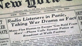 New York Times front page from October 31, 1938, reports on reaction to War of the Worlds radio program.