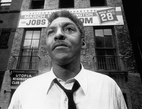 Bayard Rustin at the March on Washington office in Harlem, 1963 (Publicity photo still from the Brother Outsider documentary film / Courtesy http://rustin.org)