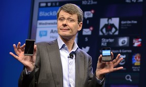 This January 30, 2013 file photo shows Research in Motion CEO Thorsten Heins as he officially unveils the BlackBerry 10 mobile platform at the New York City Launch at Pier 36. Canadian tech pioneer BlackBerry, which earlier this week agreed to a $4.7 billion buyout, said today that it lost $965 million in the second quarter. The Ontario-based company, formerly a leader in mobile phone technology, has been squeezed by rivals Android and Apple, steadily losing market share, a trend which continues according to its latest earnings report.  AFP PHOTO / TIMOTHY A. CLARY / FILESTIMOTHY A. CLARY/AFP/Getty Images