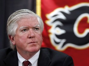 Newly named Calgary Flames President of Hockey Operations Brian Burke is pictured during a news conference in Calgary, Alta., Thursday, Sept. 5, 2013.THE CANADIAN PRESS/Jeff McIntosh