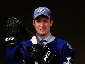 NEWARK, NJ - JUNE 30:  Jonathan Drouin poses for a portrait after being selected number three overall in the first round by the Tampa Bay Lightning during the 2013 NHL Draft at the Prudential Center on June 30, 2013 in Newark, New Jersey.  (Photo by Jamie Squire/Getty Images)