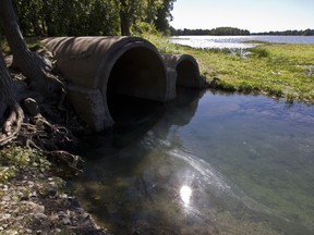 Water flows from a culvert into Riviere-des-Prairies near Gouin Boulevard and Rive Boisée Road in Pointe Claire west of Montreal, Tuesday September 17, 2013.
