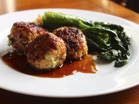 Turkey and scallion meatballs with a soy-ginger glaze served with fried brown rice and Chinese broccoli with ginger (Photo by Kerry McKenna)