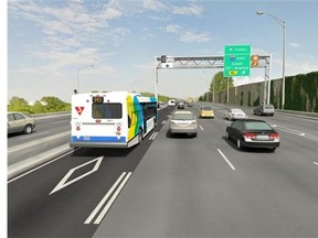 Artist rendering of what reserved bus lane will look like on eastbound Highway 20.