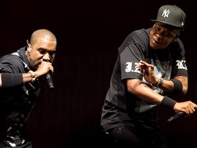Jay-Z and Kanye West during their Watch the Throne Tour at the Bell Centre in Montreal on Tuesday November 22, 2011.