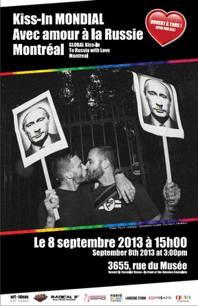Official poster for the Sept 8 Kiss-In that will take place in front of the Russian Consulate in Montreal (All photos courtesy Christian S. Généreux)