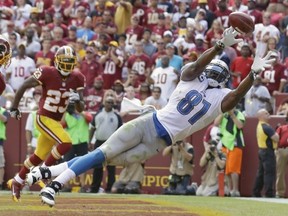 Detroit Lions tight end Brandon Pettigrew can't quite reach a Matthew Stafford pass in the end zone as Washington Redskins cornerback DeAngelo Hall watches in the background during the first half of a NFL football game in Landover, Md., Sunday, Sept. 22, 2013. (AP Photo/Alex Brandon)