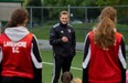 Olivier Prud'Homme, head coach of the Lakeshore AAA girls U17 speaks with his players.