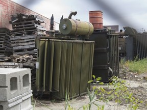 Transformers in the yard outside the Reliance Power Equipment building on Hymus Blvd.