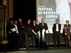 Bruce LaBruce accepts the award for best Canadian film for Gerontophilia, Saturday at the Festival du nouveau cinéma.