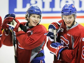 MONTREAL, QUEBEC; JANUARY 29, 2013 -- Montreal Canadiens rookies Brendan Gallagher, left, and Alex Galchenyuk line up for a drill at practice in Brossard, south of Montreal Tuesday, January 29, 2013.    (John Mahoney/THE GAZETTE)