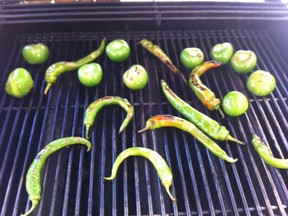 Roasting peppers and tomatillos for Salsa Verde