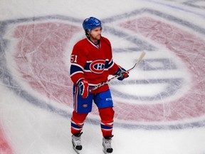 MONTREAL, QUE.: SEPTEMBER 23, 2013 -- Montreal Canadiens David Desharnais warms up prior to National Hockey League preseaon game against the New Jersey Devils in Montreal Monday September 23, 2013.          (John Mahoney/THE GAZETTE)