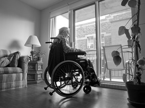 Diabetic amputee Mortimer Zameck, 79, at his new assisted living apartment in Cote des Neiges, Montreal..  He moved in with his wife after being released from the Jewish Rehabilitation Hospital in Laval.  His right leg was amputated below the knee in July this year from a diabetes related infection, after being diagnosed with the disease 67 years ago.  Zameck is still adjusting to his new reality with one leg. (Phil Carpenter / THE GAZETTE )