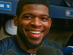 MONTREAL, QUE.: OCTOBER 31, 2013 -- Montreal Canadiens defenceman P.K. Subban answers reporters questions after practice at their facility in Brossard, south of Montreal Thursday October 31, 2013.    (John Mahoney/THE GAZETTE)