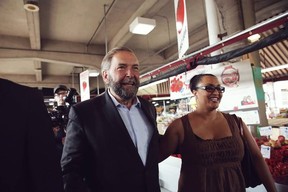 NDP leader Thomas Mulcair has been campaigning hard for candidate Stephane Moraille (R) ahead of the Nov. 25 federal by-election in Montreal's riding of Bourassa (Photo courtesy Stephane Moraille, via Facebook)