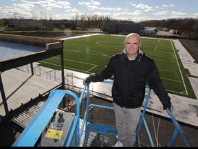 Property developer Philipp Schumacher by the new turf field and steel frame of the two-storey structure that will be the new sports dome.