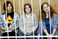 From left to right, Nadezhda (Nadia) Tolokonnikova, Yekaterina (Katia) Samutsevich and Maria (Masha) Alyokhina. Photo from web page of Free Pussy Riot! The Movie.