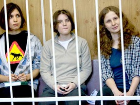 From left to right, Nadezhda (Nadia) Tolokonnikova, Yekaterina (Katia) Samutsevich and Maria (Masha) Alyokhina. Photo from web page of Free Pussy Riot! The Movie.