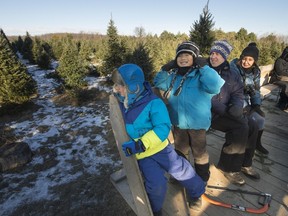 Maxime Beschene, left, and Loic Beaudin, second from left, head out on a wagon ride to cut down their own tree to take home.