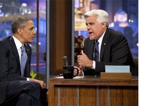 Jay Leno and U.S. President Barack Obama on The Tonight Show. Leno is preparing to leave (for a second time) on Feb. 6. NBC Universal