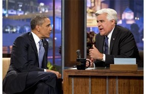 Jay Leno and U.S. President Barack Obama on The Tonight Show. Leno is preparing to leave (for a second time) on Feb. 6. NBC Universal