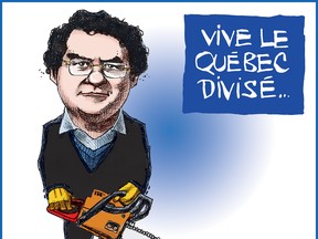 Quebec Democratic Institutions Minister Bernard Drainville, as seen by The Gazette's Terry Mosher. The good news is he isn't green, the bad news is he has a chainsaw, the worse news is that he's looking at you.