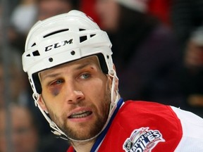 NEWARK, NJ - JANUARY 02: Steve Begin #22 of the Montreal Canadiens sports a black eye during his game against the New Jersey Devils on January 2, 2009 at the Prudential Center in Newark, New Jersey. The Devils defeated the Canadiens 4-1. (Photo by Bruce Bennett/Getty Images)