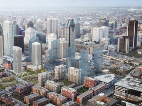 A rendering of how a development project  by Cadillac Fairview Corp. Ltd., would transform underused land south of the Bell Centre.