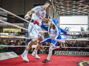 Boxer Lucian Bute, left, play-fights with young fan Andy Ciupe, right, during a public training session at Complexe Desjardins in Montreal on Monday, January 13, 2014. Bute will be fighting Jean Pascal of Laval for the light heavyweight championship title.