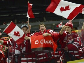 Canadian fans cheer prior to the World Junior Hockey Championships semifinal between Canada and Finland at Malmo Arena in Malmo, Sweden on Saturday, Jan. 4, 2014. (AP Photo / TT News Agency / Ludvig Thunman) SWEDEN OUT