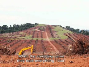 Screen grab from the documentary film No Land No Food No Life. Farmers have lost their land, their homes and their possessions in illegal land grabs.