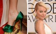 Australian actress Margot Robbie, right, smiles and remains upright, while wearing emerald-green shoes with frighteningly high heels, at the Golden Globe Awards, Jan. 12, 2014 in Beverly Hills, California. Robbie appears in Martin Scorsese's film The Wolf of Wall Street. (Photos by Jason Merritt/Getty Images)