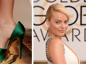 Australian actress Margot Robbie, right, smiles and remains upright, while wearing emerald-green shoes with frighteningly high heels, at the Golden Globe Awards, Jan. 12, 2014 in Beverly Hills, California. Robbie appears in Martin Scorsese's film The Wolf of Wall Street. (Photos by Jason Merritt/Getty Images)