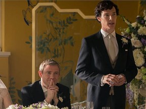 Mary Morstan, John Watson and Sherlock Holmes, played by Amanda Abbington, Martin Freeman and Benedict Cumberbatch.