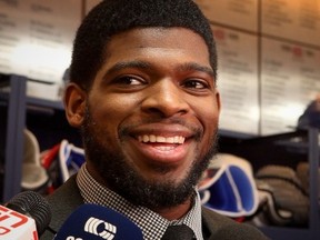 MONTREAL, QUE.: JANUARY 6, 2014 -- Montreal Canadiens defenceman P.K. Subban smiles while answering questions from the media at the team's practice facility south of Montreal after being named to Canada's men's Olympic hockey team Tuesday January 7, 2014.  (John Mahoney / THE GAZETTE)