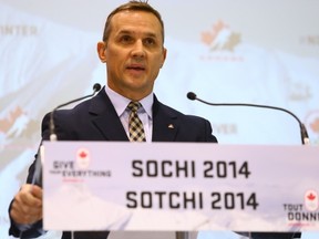 TORONTO, ON - JANUARY 7: Executive director Steve Yzerman announces the Roster of the Canadian Men's Olympic Hockey team at the Mastercard Centre ahead of the Sochi Winter Olympics January 7, 2014 in Toronto, Ontario, Canada.  (Photo by Abelimages/Getty Images)