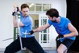 Tom Hiddleston, left, and Hadley Fraser rehearse a scene from the Donmar Warehouse presentation of the Shakespeare play Coriolanus. Photo from Donmar Warehouse web site.