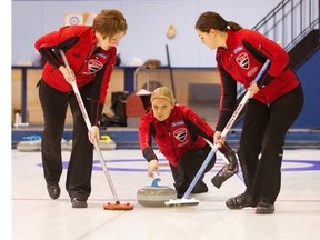 Allison Ross, is flanked by lead Pamela Nugent, left, and second Brittany O’Rourke as the team practises for this year’s Scotties Tournament of Hearts.