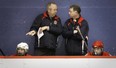 Pat Haney, left, and Ed Vlasic coach the West Island bantam CC hockey team in Beaconsfield.