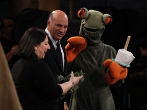 Joyce Shanks, pictured left, pitches her company eCause.ca to Dragon's Den panellist Kevin O'Leary. Photo courtesy of Joyce Shanks