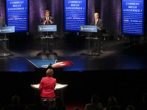 In this file picture from January 20, 2013, Philippe Couillard (left) Pierre Moreau, and Raymond Bachand take part in a debate for the Quebec provincial Liberal leadership.  In the end, Couillard won the job, but tomorrow night's debate will be his first as candidate seeking to be premier of Quebec. (Francis Vachon/ THE GAZETTE)